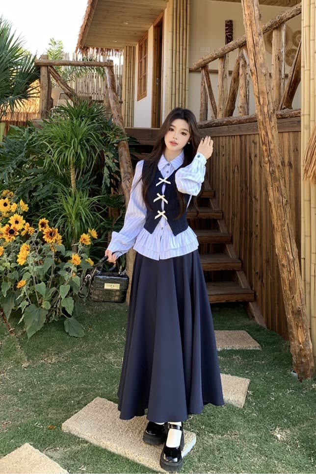 학원 스타일 빅 사이즈 세트 소녀 센스 페이크 레이어드 스트라이프 셔츠 니트 패치워크 맨위 허리밴드 반신 스커트 이미지 7