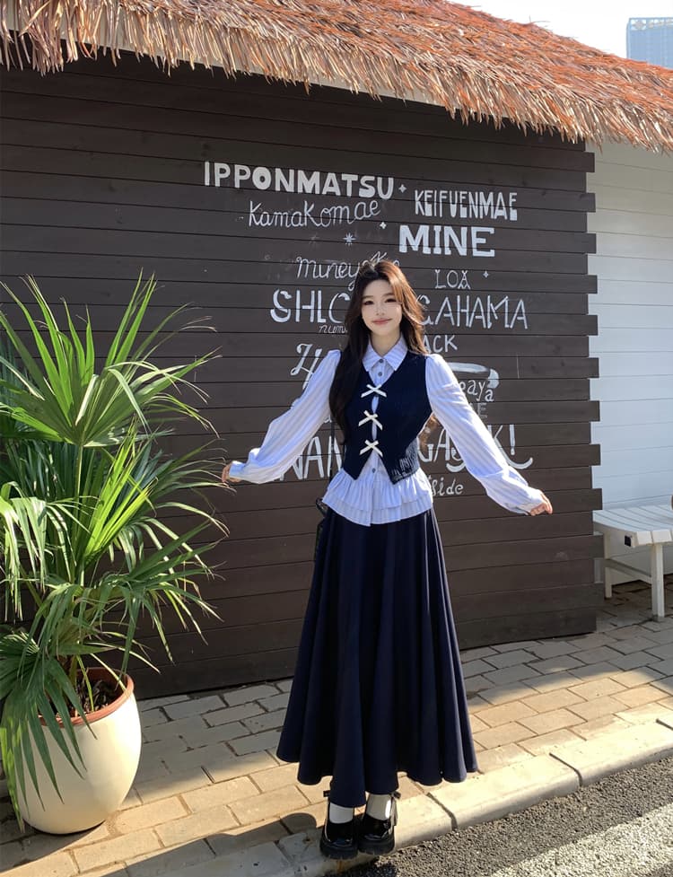 학원 스타일 빅 사이즈 세트 소녀 센스 페이크 레이어드 스트라이프 셔츠 니트 패치워크 맨위 허리밴드 반신 스커트 상세 이미지 7