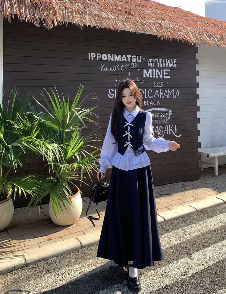 학원 스타일 빅 사이즈 세트 소녀 센스 페이크 레이어드 스트라이프 셔츠 니트 패치워크 맨위 허리밴드 반신 스커트 상세 이미지 8
