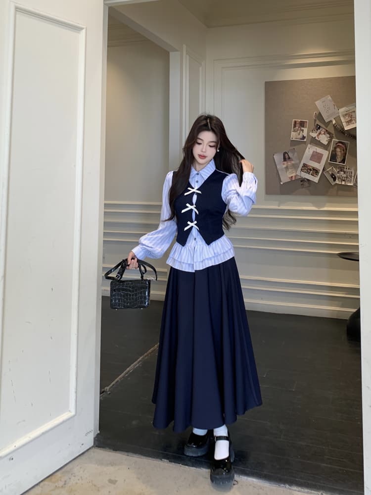 학원 스타일 빅 사이즈 세트 소녀 센스 페이크 레이어드 스트라이프 셔츠 니트 패치워크 맨위 허리밴드 반신 스커트 상세 이미지 12