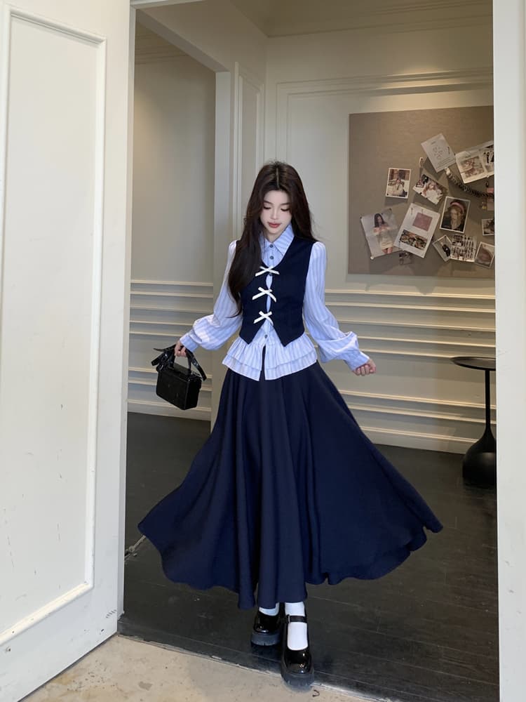 학원 스타일 빅 사이즈 세트 소녀 센스 페이크 레이어드 스트라이프 셔츠 니트 패치워크 맨위 허리밴드 반신 스커트 상세 이미지 13