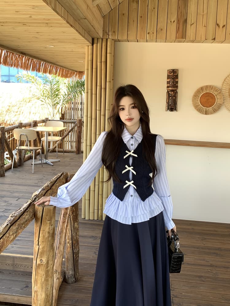 학원 스타일 빅 사이즈 세트 소녀 센스 페이크 레이어드 스트라이프 셔츠 니트 패치워크 맨위 허리밴드 반신 스커트 상세 이미지 14