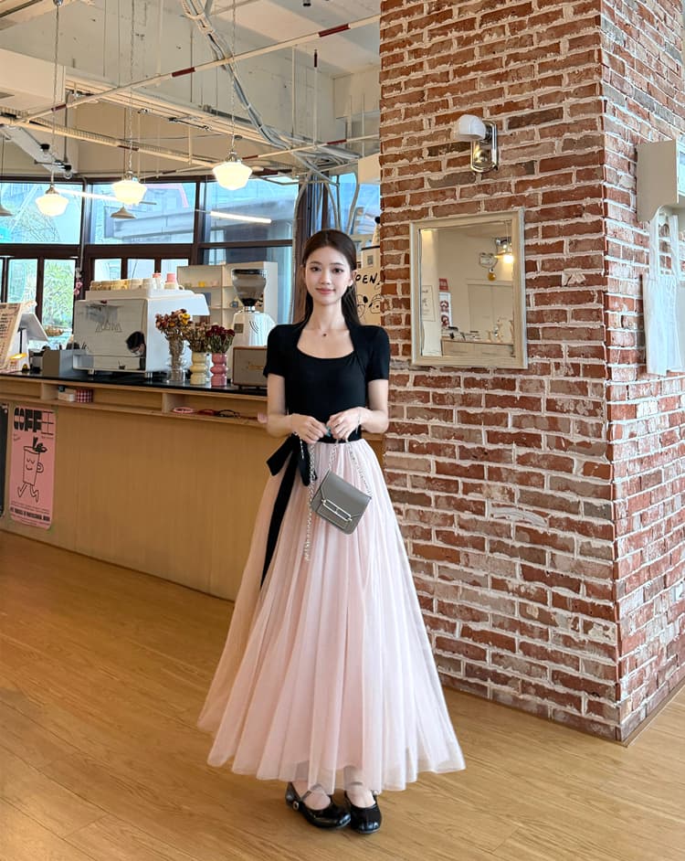 프랑스식 여성 드레스 2026 여름 새로운 핑크색 발레 바람 배색 패치워크 반팔 스트랩 허리 수축 길다 치마 상세 이미지 13