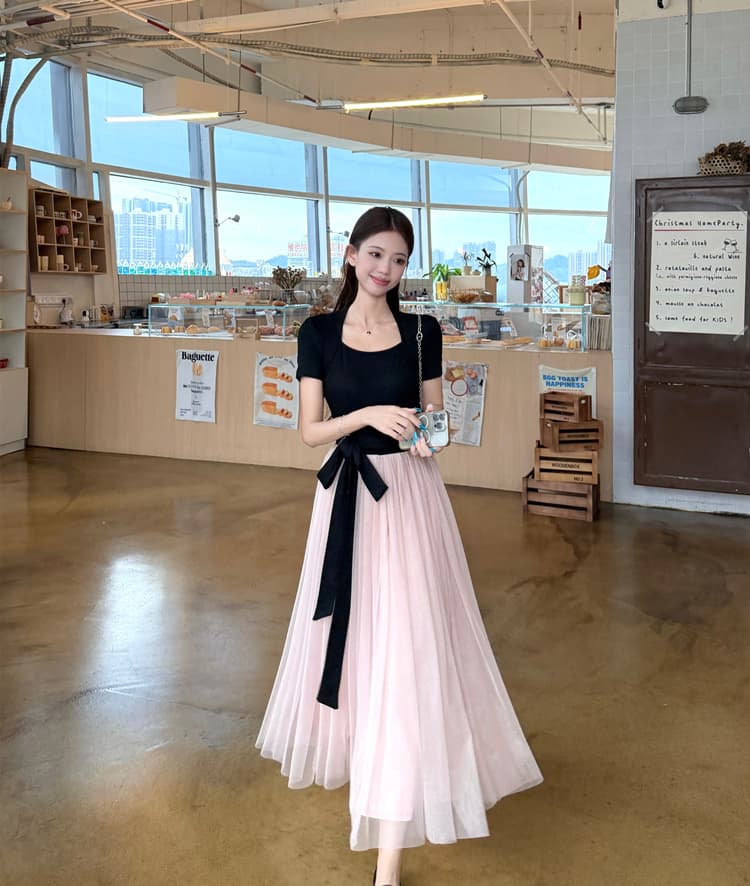 프랑스식 여성 드레스 2026 여름 새로운 핑크색 발레 바람 배색 패치워크 반팔 스트랩 허리 수축 길다 치마 상세 이미지 14