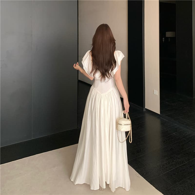 오프숄더 둘 착용 대 치마 프랑스식 허리 수축 빅 사이즈 여성 드레스 화이트 품격 프릴 Feifei 소매 롱 스커트 이미지 6