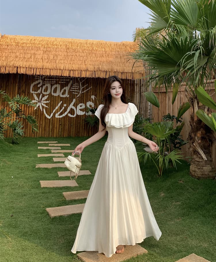 오프숄더 둘 착용 대 치마 프랑스식 허리 수축 빅 사이즈 여성 드레스 화이트 품격 프릴 Feifei 소매 롱 스커트 상세 이미지 9