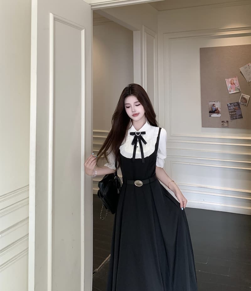 페이크 레이어드 나비 매듭 셔츠 여성 드레스 여름 새로운 빅 사이즈 지방 mm 허리 수축 학원 스타일 a 단어 길이 치마 이미지 2