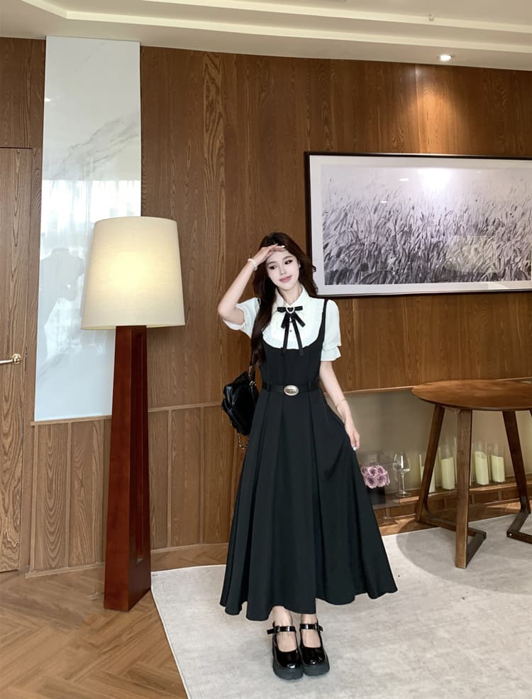 페이크 레이어드 나비 매듭 셔츠 여성 드레스 여름 새로운 빅 사이즈 지방 mm 허리 수축 학원 스타일 a 단어 길이 치마 상세 이미지 8