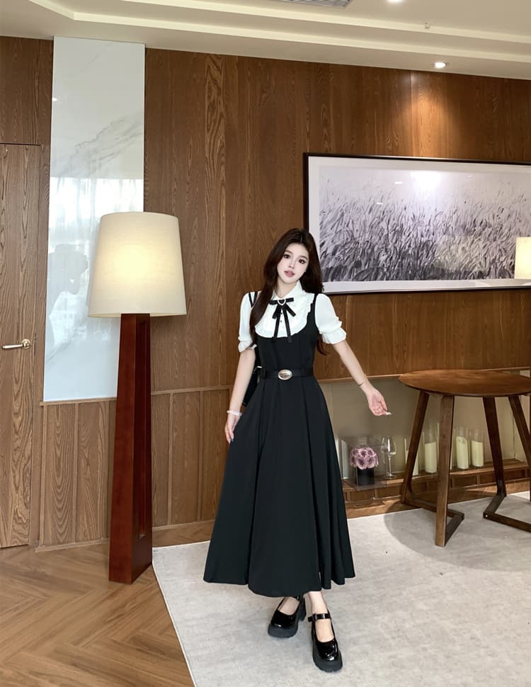 페이크 레이어드 나비 매듭 셔츠 여성 드레스 여름 새로운 빅 사이즈 지방 mm 허리 수축 학원 스타일 a 단어 길이 치마 상세 이미지 16