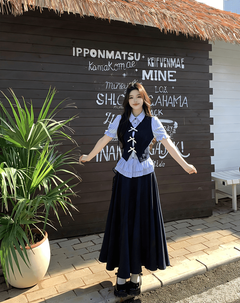 빅 사이즈 여름 코디 학원 스타일 세트 여성 한국 스타일 페이크 레이어드 패치워크 스트라이프 셔츠 밴딩 반 스커트 투피스 세트