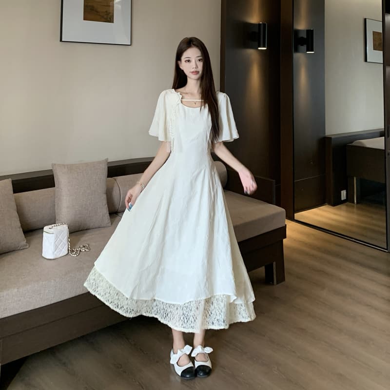 프랑스식 부드러운 바람 3 차원 꽃 광장 칼라 드레스 2026 새로운 데이트 살구 색상 여름 허리 수축 슬림해 보이는 치마 이미지 6