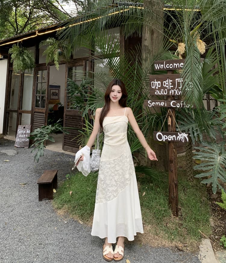 프랑스식 부드러운 바람 화이트 슬립 드레스 여름 새로운 레이스 오픈 가디건 투피스 세트 품격 패치워크 허리 수축 길다 치마 상세 이미지 12