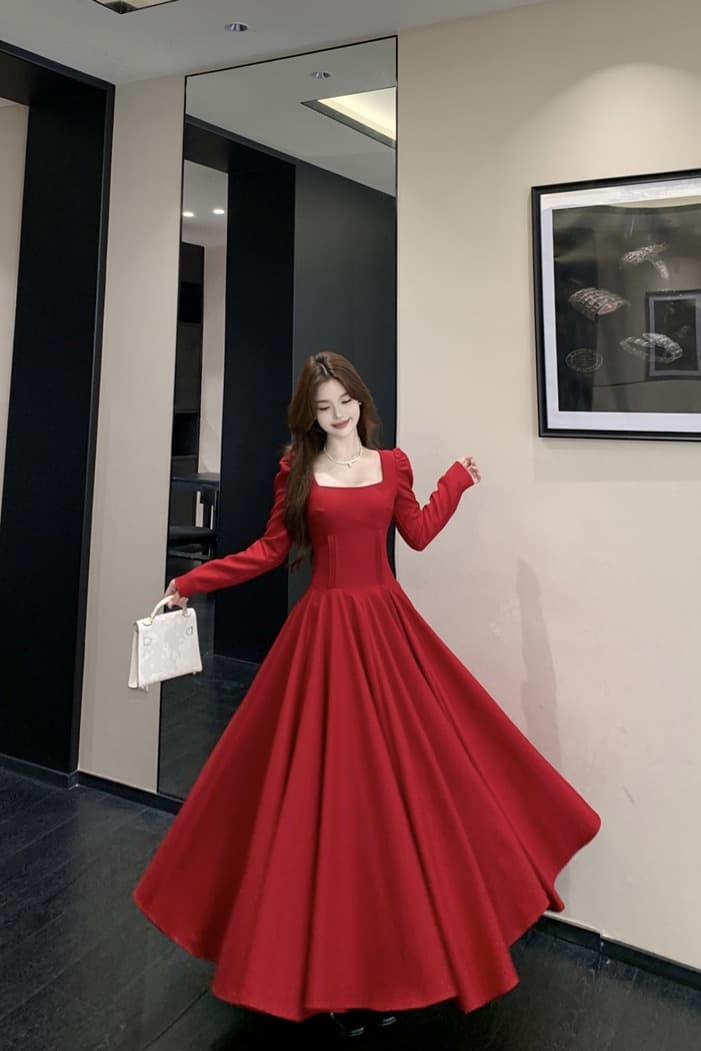 프랑스식 레트로 빨간색 광장 칼라 긴팔 드레스 2026 가을 새로운 품격 허리 수축 슬림해 보이는 대 스윙 길이 치마 이미지 6