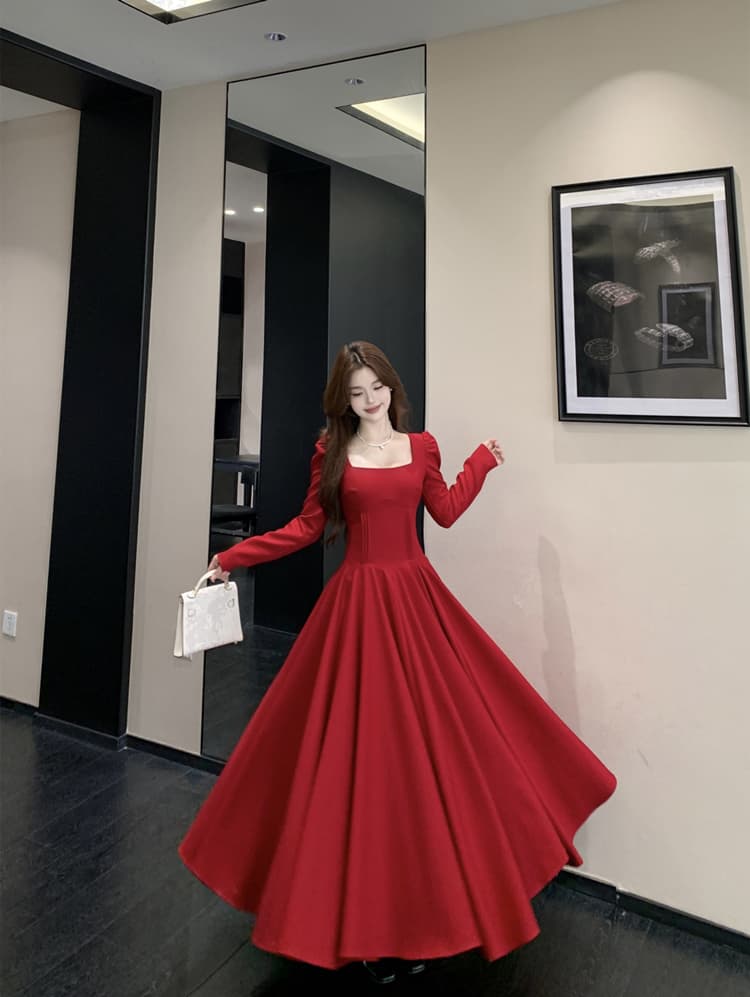 프랑스식 레트로 빨간색 광장 칼라 긴팔 드레스 2026 가을 새로운 품격 허리 수축 슬림해 보이는 대 스윙 길이 치마 상세 이미지 2