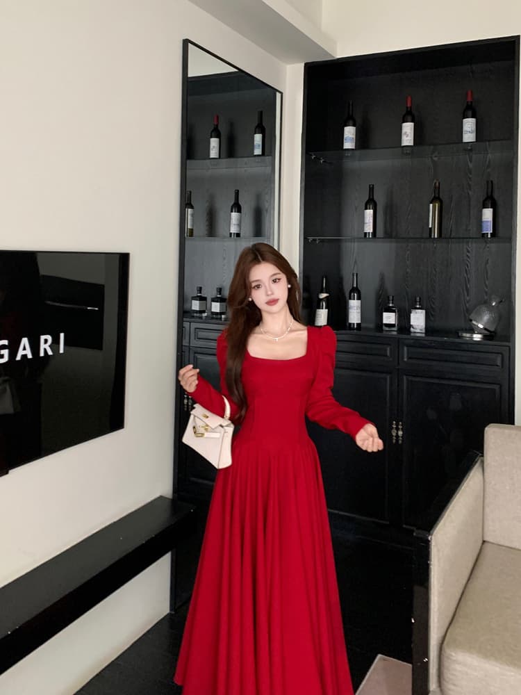 프랑스식 레트로 빨간색 광장 칼라 긴팔 드레스 2026 가을 새로운 품격 허리 수축 슬림해 보이는 대 스윙 길이 치마 상세 이미지 10