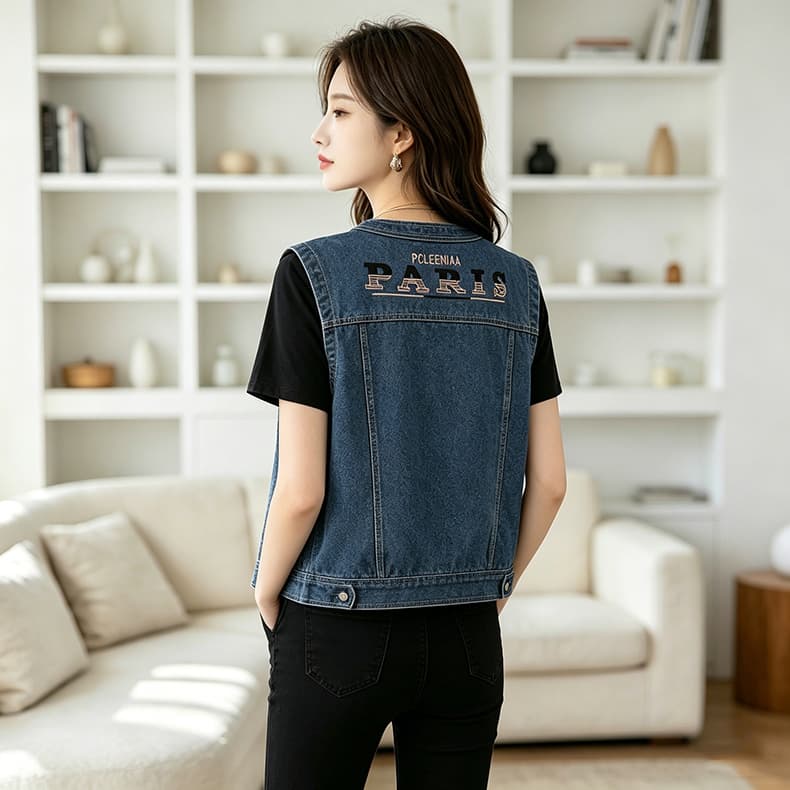 항구 바람 패션 고급 센스 새로운 얇은 스타일 여성 개성 트렌드 데님 자수 여성 라운드 넥 조끼 재킷 맨위 상세 이미지 8
