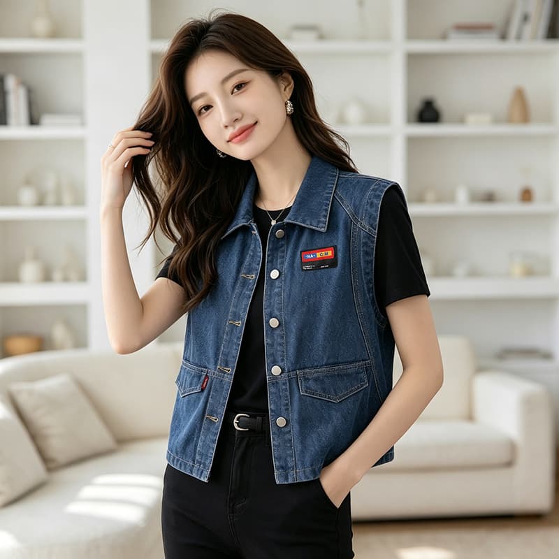 항구 바람 개선 고급 센스 새로운 패치 여성 개성 트렌드 데님 베스트 여성 폴로 칼라 조끼 재킷 맨위 이미지 4