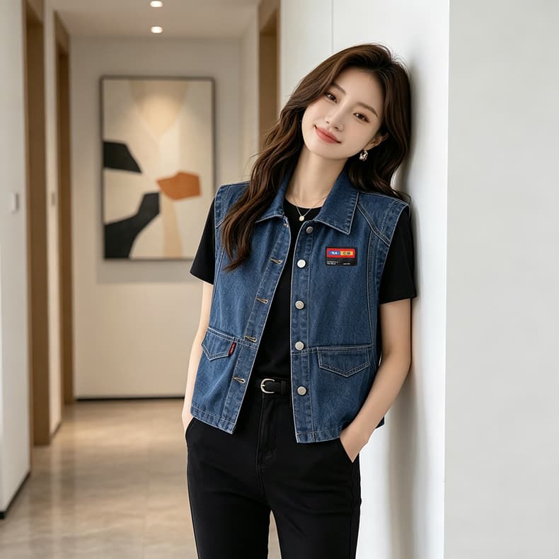 항구 바람 개선 고급 센스 새로운 패치 여성 개성 트렌드 데님 베스트 여성 폴로 칼라 조끼 재킷 맨위 상세 이미지 3