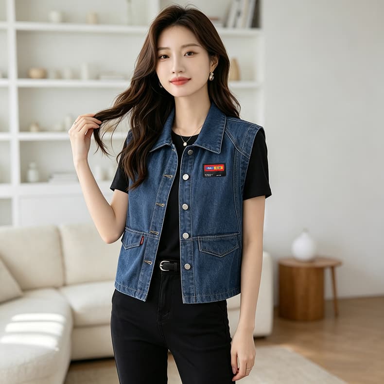 항구 바람 개선 고급 센스 새로운 패치 여성 개성 트렌드 데님 베스트 여성 폴로 칼라 조끼 재킷 맨위 상세 이미지 7