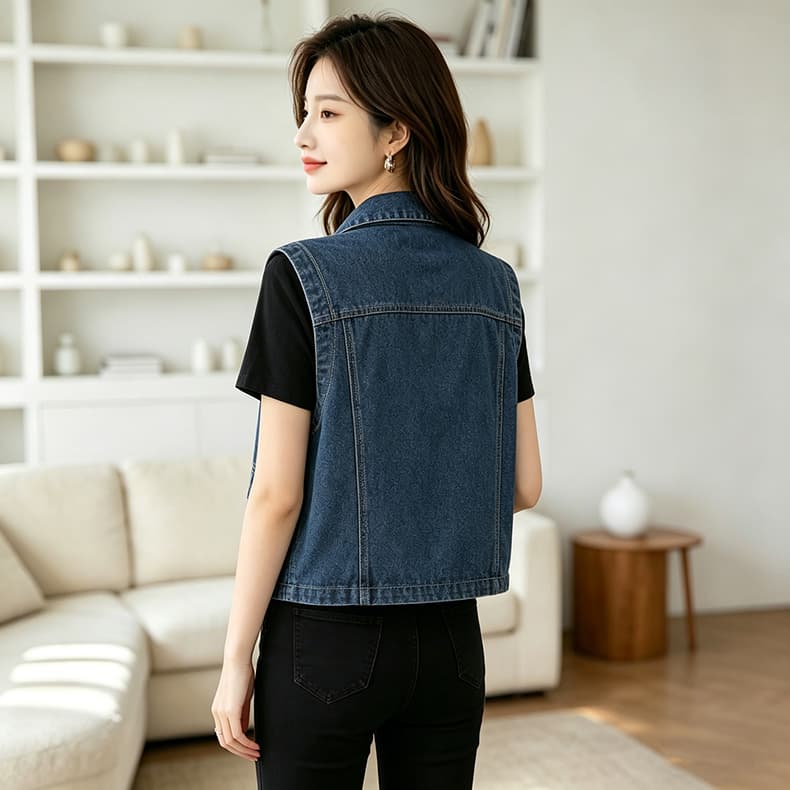 항구 바람 개선 고급 센스 새로운 패치 여성 개성 트렌드 데님 베스트 여성 폴로 칼라 조끼 재킷 맨위 상세 이미지 9