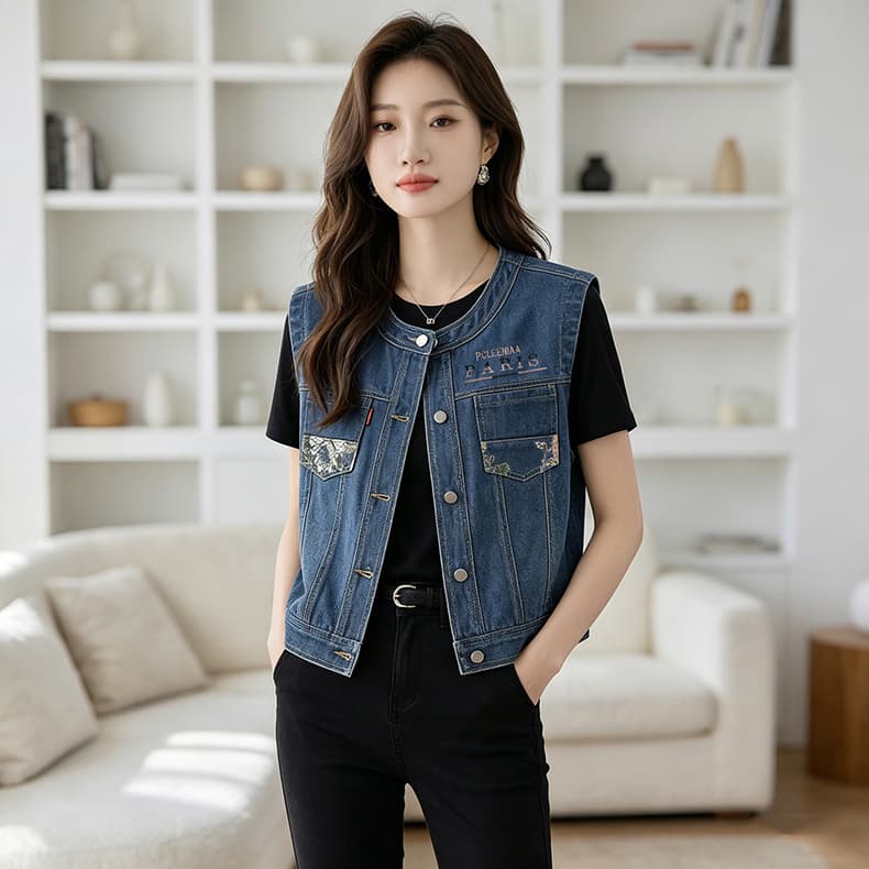 2026 가을 고급 센스 새로운 개선 여성 개성 트렌드 데님 자수 여성 라운드 넥 조끼 재킷 맨위 상세 이미지 6