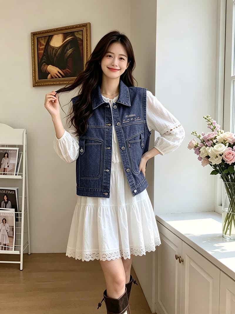 2026 가을 국풍 새로운 중식 새로운 폴로 칼라 데님 트렌드 워크웨어 자수 빅 포켓 다용도 베스트 맨위 상세 이미지 7