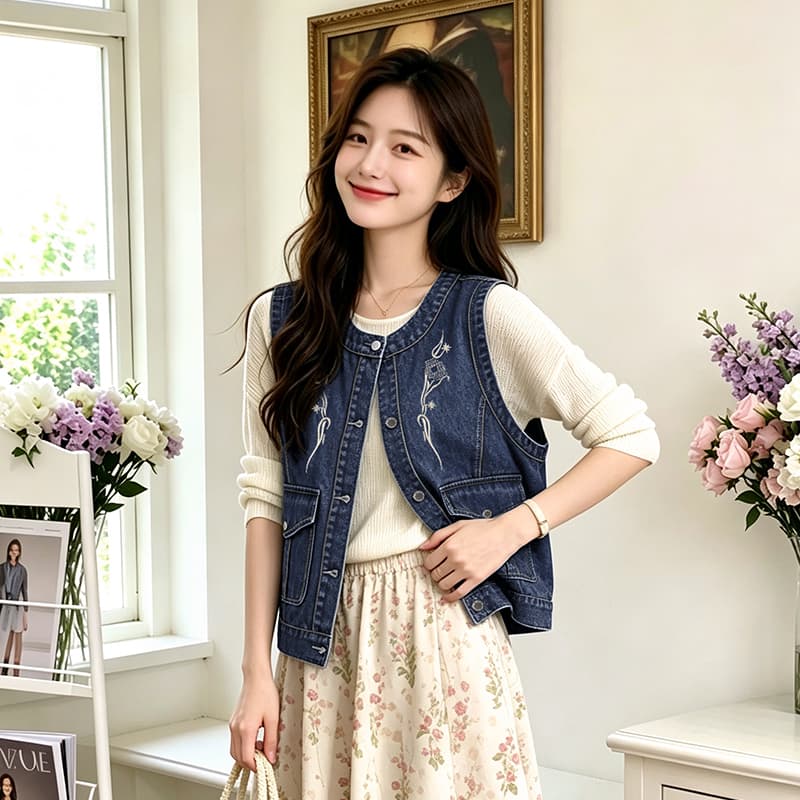 국풍 새로운 중식 가을 새로운 라운드 넥 데님 트렌드 워크웨어 자수 빅 포켓 다용도 개선 베스트 맨위 이미지 2