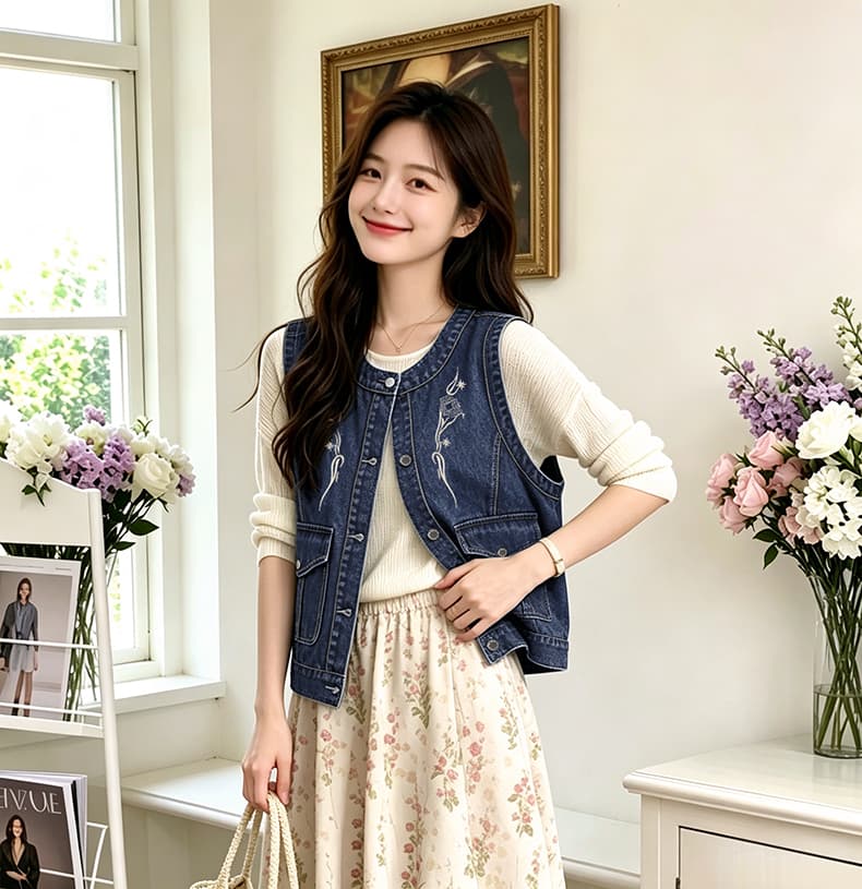 국풍 새로운 중식 가을 새로운 라운드 넥 데님 트렌드 워크웨어 자수 빅 포켓 다용도 개선 베스트 맨위 상세 이미지 2