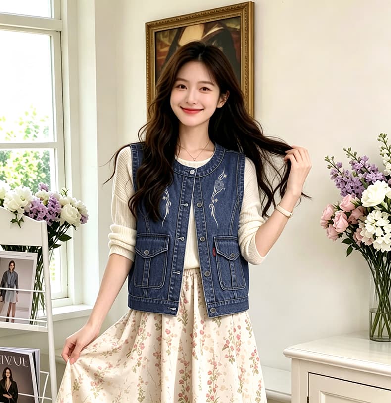 국풍 새로운 중식 가을 새로운 라운드 넥 데님 트렌드 워크웨어 자수 빅 포켓 다용도 개선 베스트 맨위 상세 이미지 3