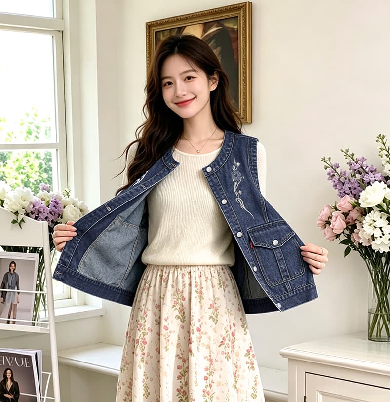 국풍 새로운 중식 가을 새로운 라운드 넥 데님 트렌드 워크웨어 자수 빅 포켓 다용도 개선 베스트 맨위 상세 이미지 8