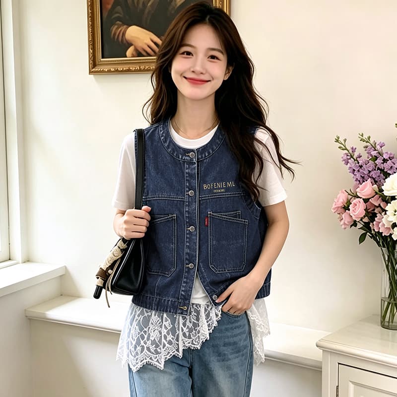 국풍 새로운 중식 가을 개선 라운드 넥 데님 트렌드 워크웨어 자수 빅 포켓 다용도 베스트 어깨 맨위 이미지 2