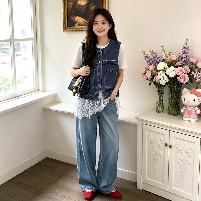 국풍 새로운 중식 가을 개선 라운드 넥 데님 트렌드 워크웨어 자수 빅 포켓 다용도 베스트 어깨 맨위 상세 이미지 3