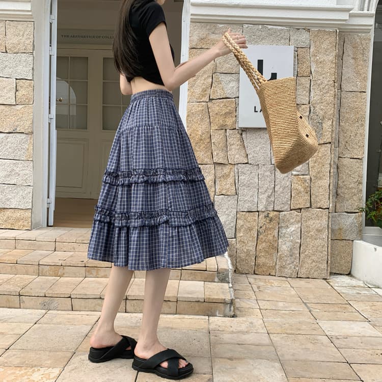 높은 품질 체크무늬 프릴 반신 스커트 케이크 드레스 여성 2026 봄 여름 도루 센스 허리밴드 A라인 스커트 중간 스커트 상세 이미지 9