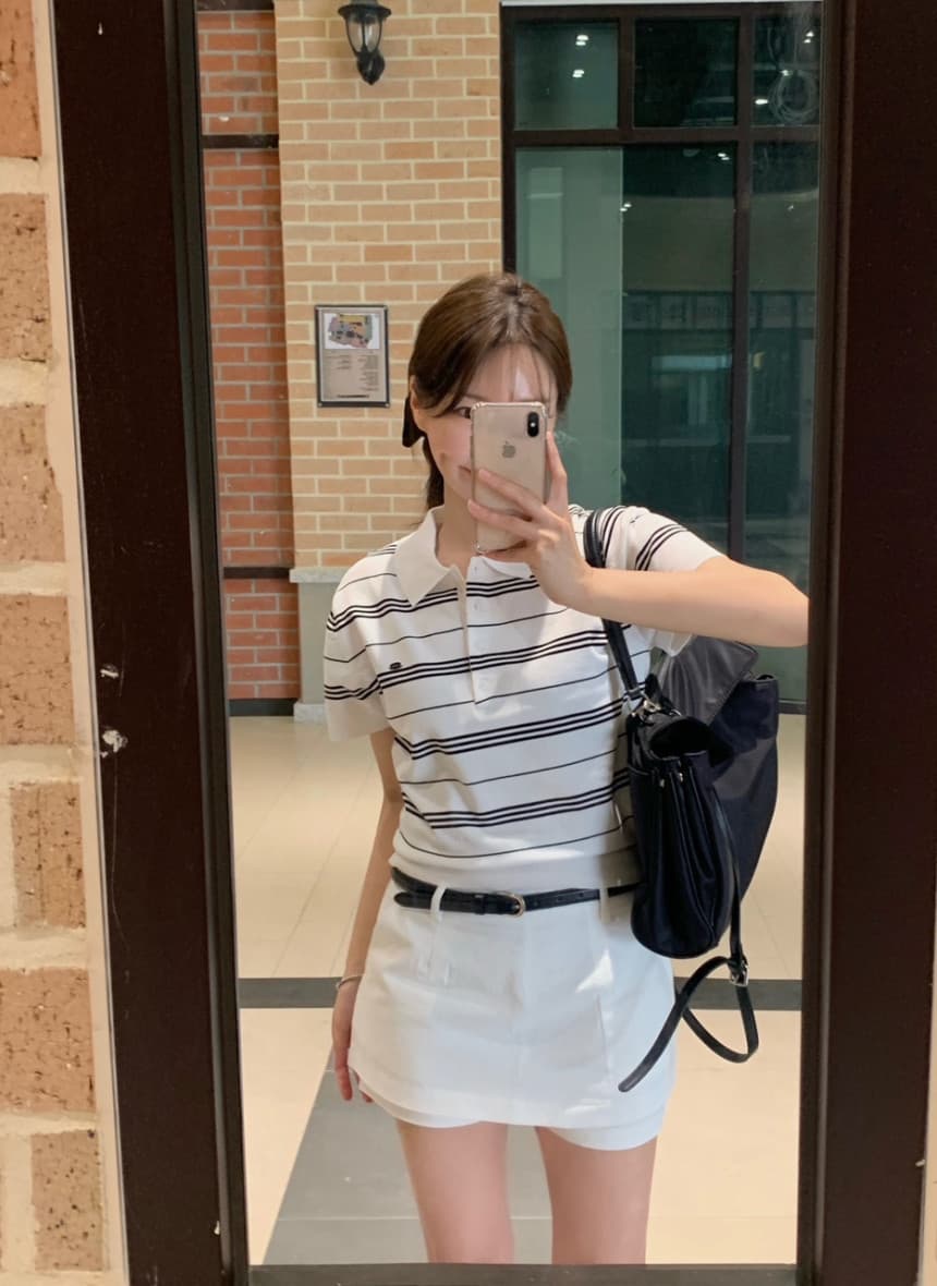 있음 선적 chic 한국 스타일 polo 스트라이프 니트 스웨터 상세 이미지 5