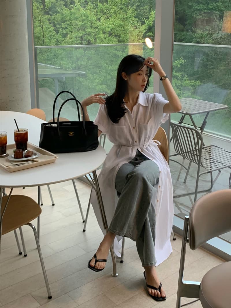 있음 선적 chic 한국 스타일 미니멀리즘 싱글 줄 버튼 셔츠 드레스 상세 이미지 1