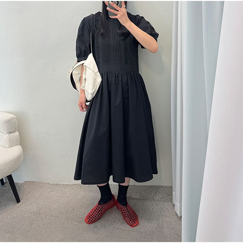 있음 선적 chic 한국 스타일 라운드 넥 패치워크 꽃 연주 중 Pleat 루즈핏 품격 드레스 이미지 5