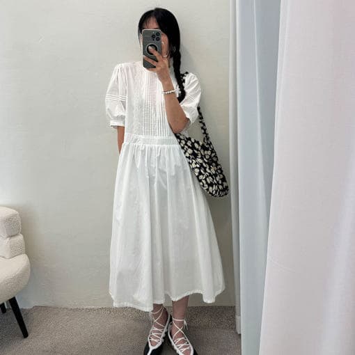 있음 선적 chic 한국 스타일 라운드 넥 패치워크 꽃 연주 중 Pleat 루즈핏 품격 드레스 상세 이미지 1