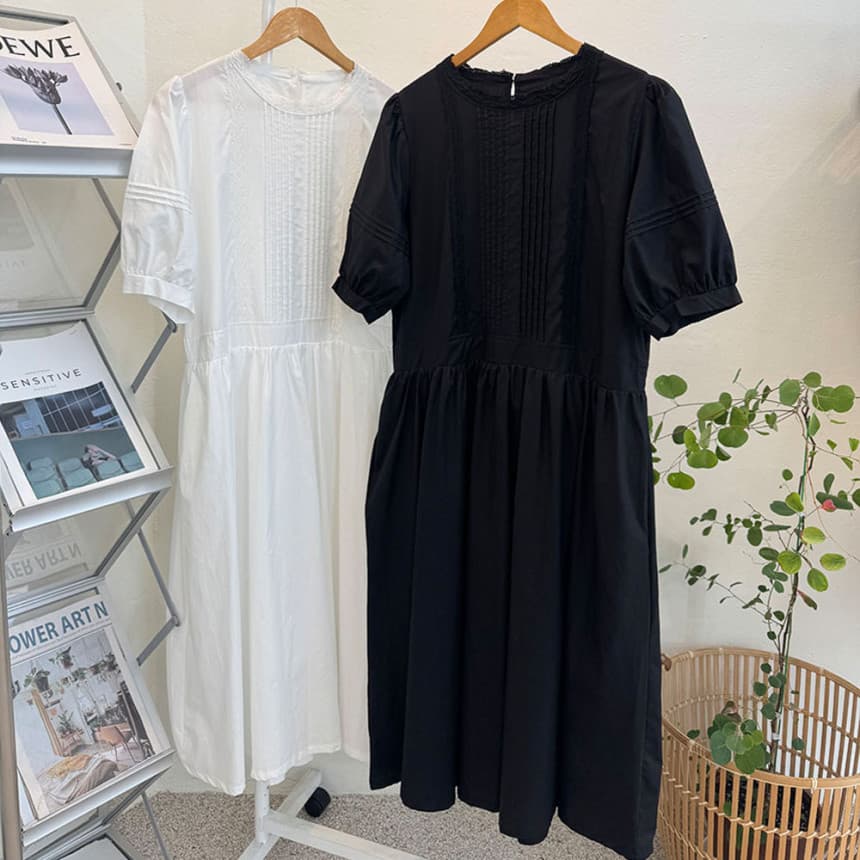 있음 선적 chic 한국 스타일 라운드 넥 패치워크 꽃 연주 중 Pleat 루즈핏 품격 드레스 상세 이미지 5