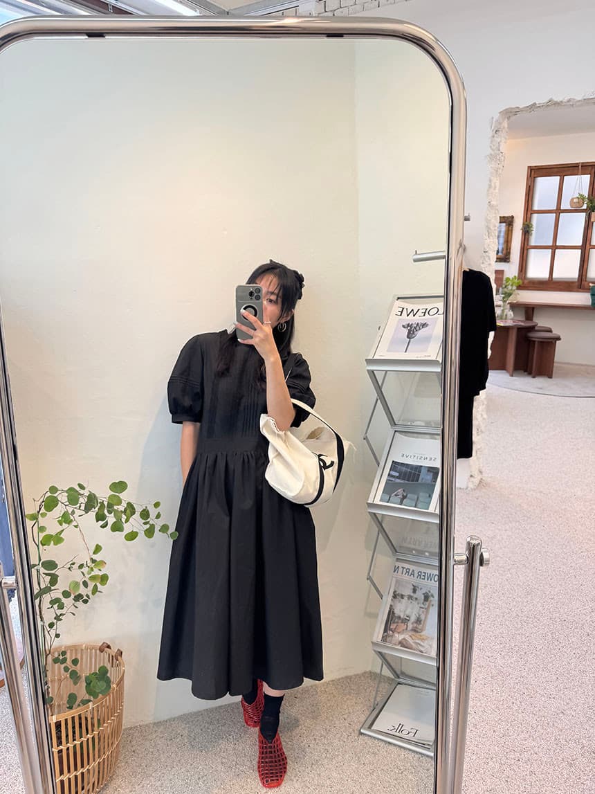 있음 선적 chic 한국 스타일 라운드 넥 패치워크 꽃 연주 중 Pleat 루즈핏 품격 드레스 상세 이미지 26