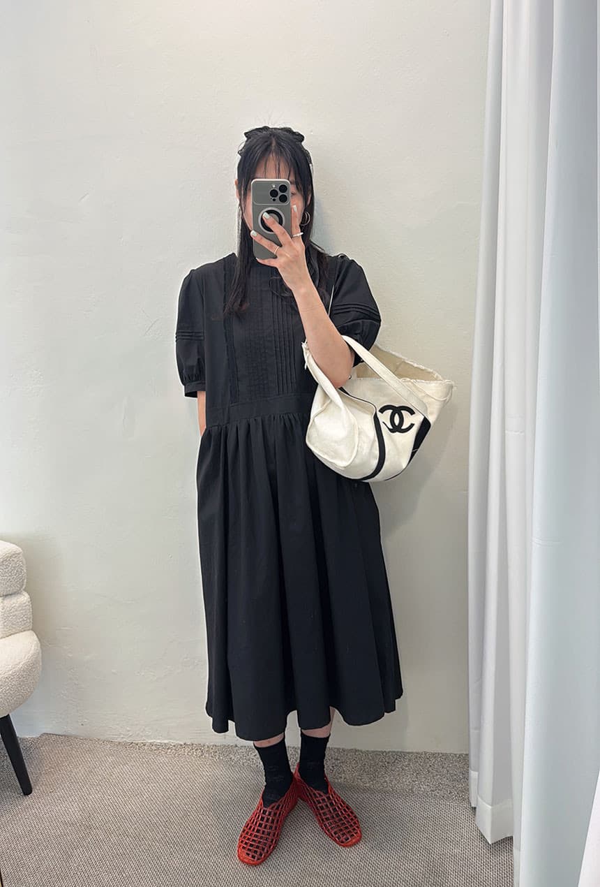 있음 선적 chic 한국 스타일 라운드 넥 패치워크 꽃 연주 중 Pleat 루즈핏 품격 드레스 상세 이미지 34