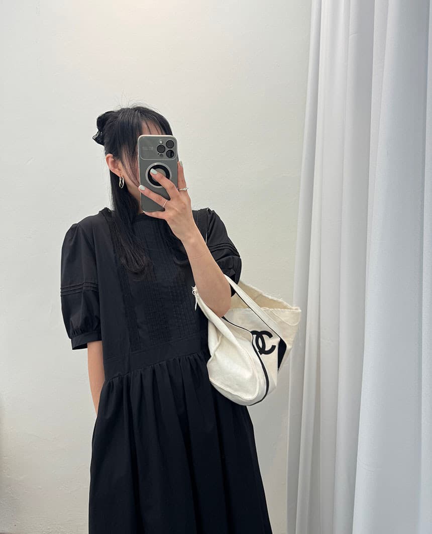 있음 선적 chic 한국 스타일 라운드 넥 패치워크 꽃 연주 중 Pleat 루즈핏 품격 드레스 상세 이미지 36