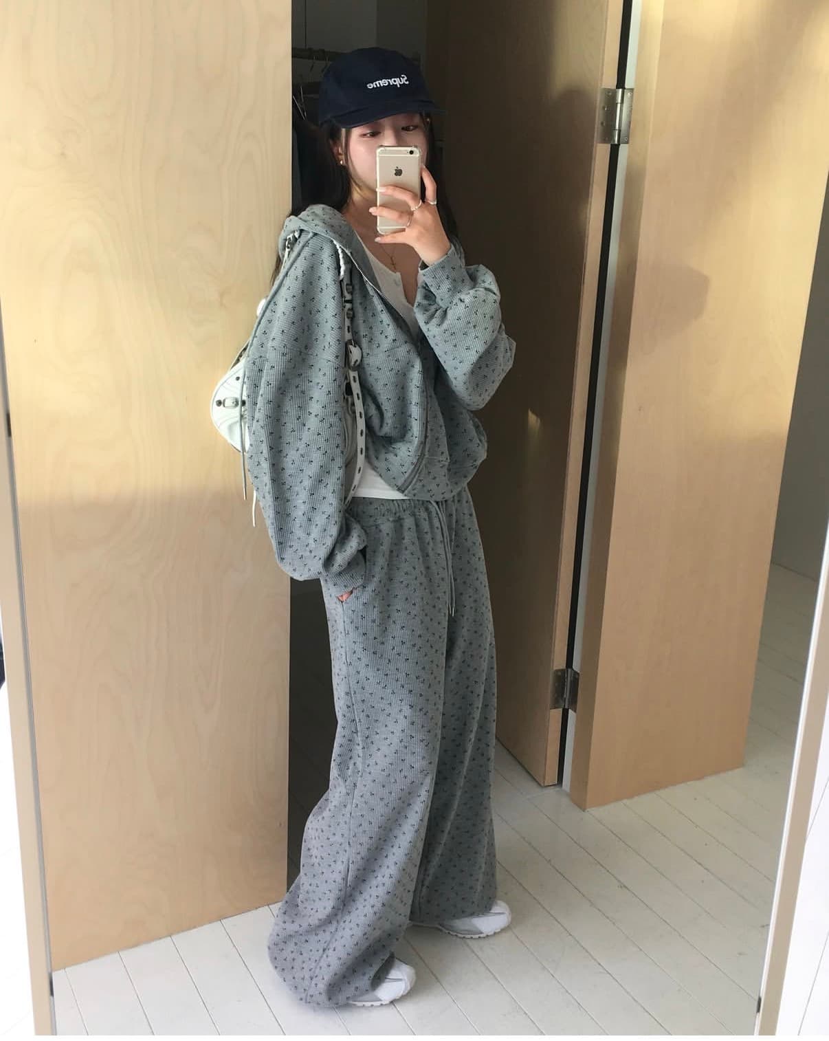 있음 선적 chic 한국 스타일 캐주얼 프린트 후아 남편 그리드 후드티 세트 이미지 2