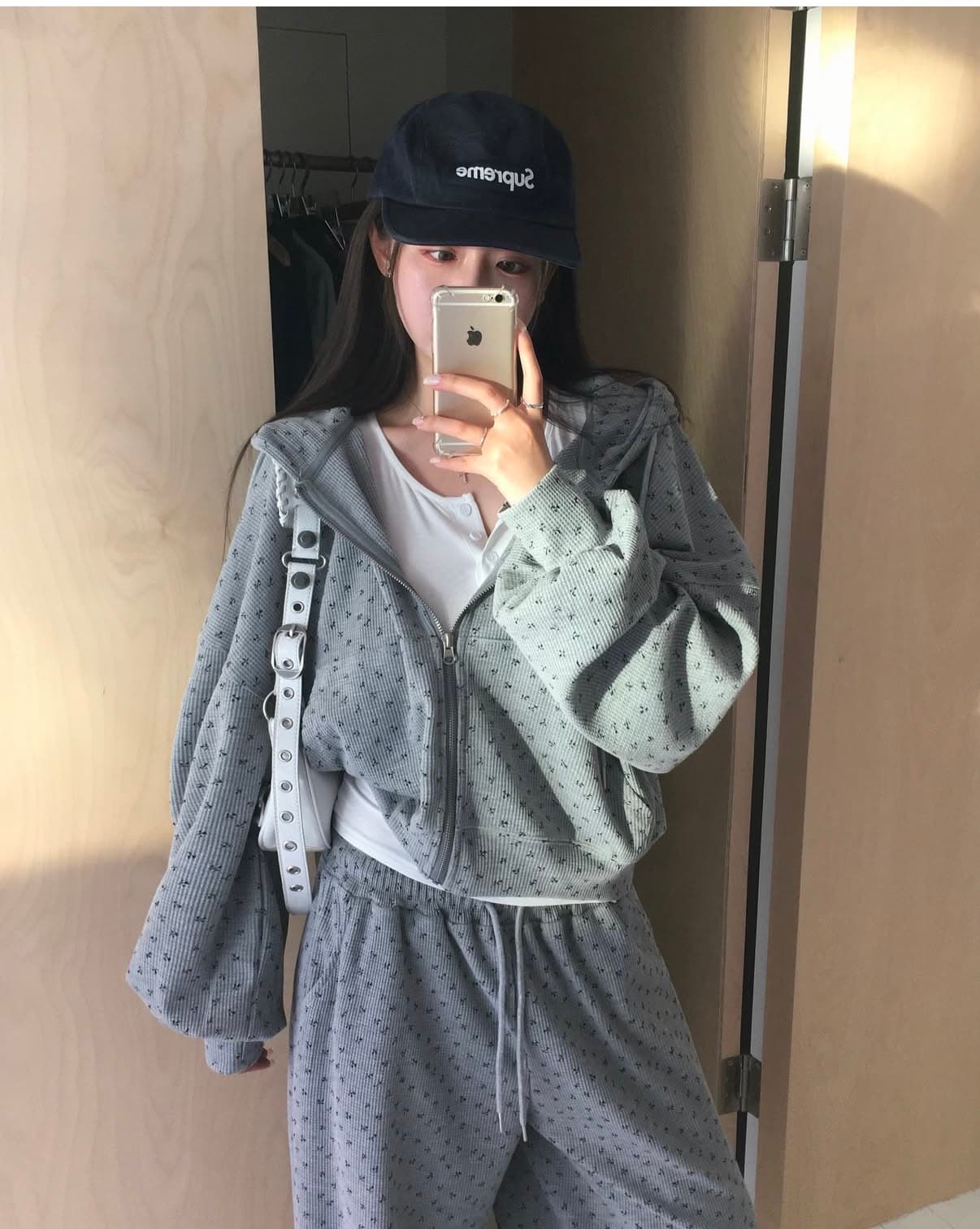 있음 선적 chic 한국 스타일 캐주얼 프린트 후아 남편 그리드 후드티 세트 상세 이미지 3