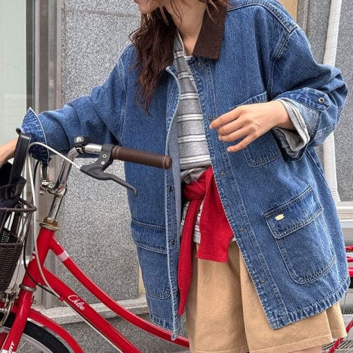 있음 선적 chic 한국 스타일 코듀로이 배색 데님 재킷 이미지 2
