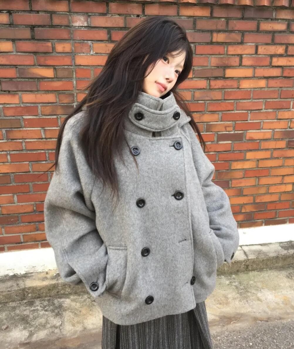 있음 선적 chic 한국 스타일 모직 이중 버튼 후드 플러스 면 보온 재킷