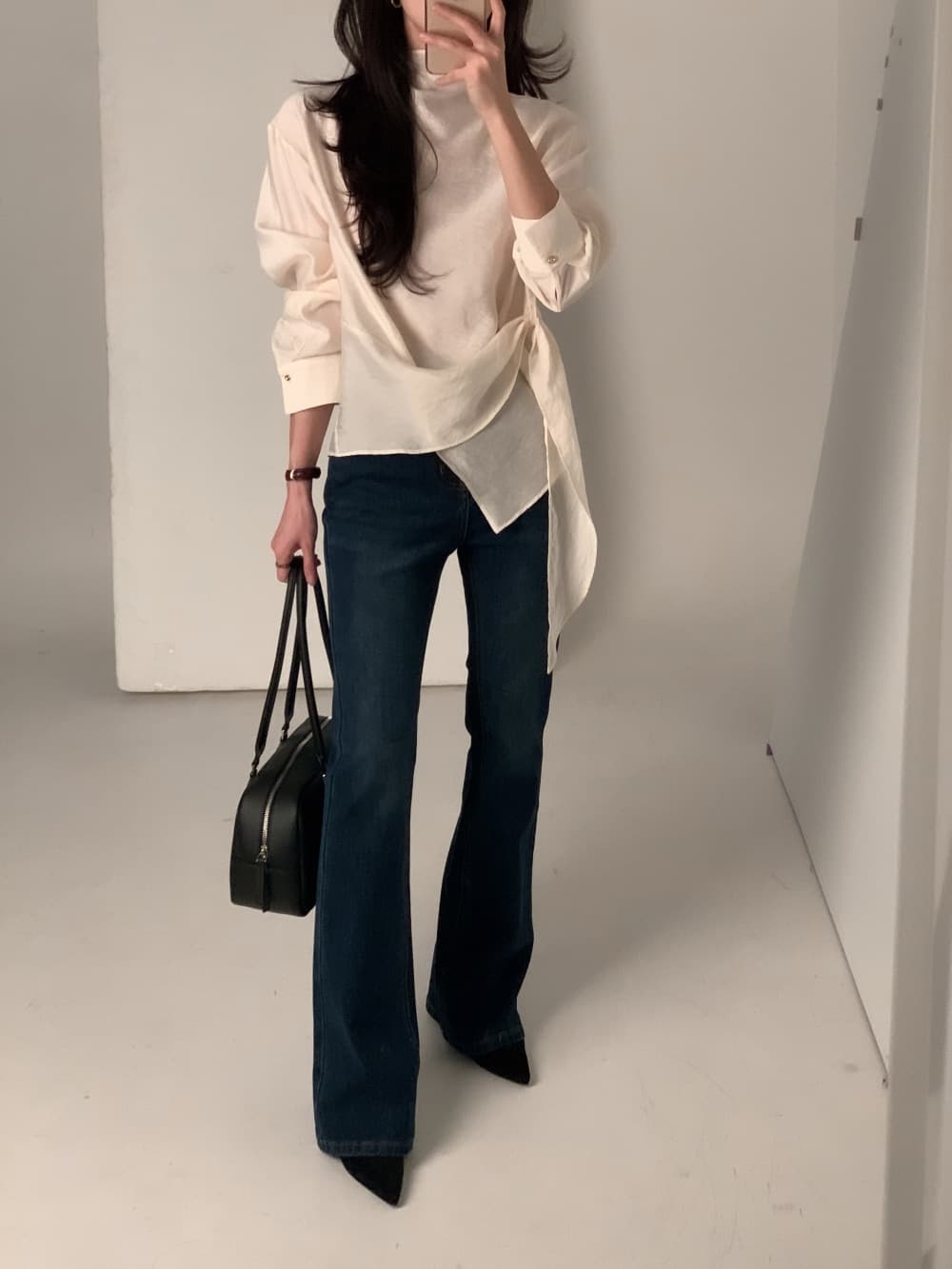 있음 선적 chic 한국 스타일 불규칙 레이스업 이른 봄 셔츠 이미지 3