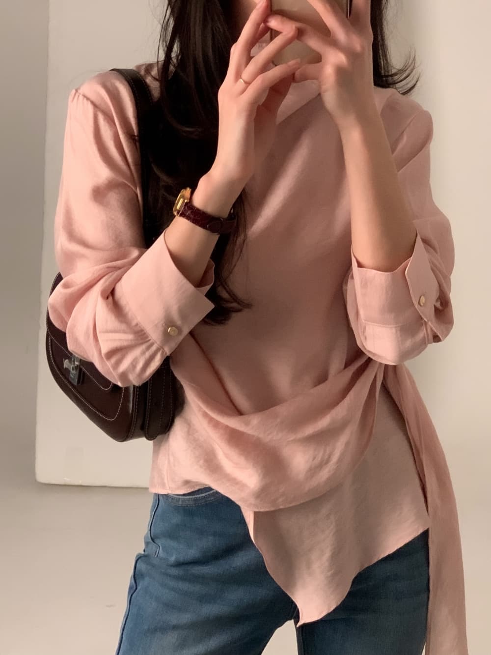 있음 선적 chic 한국 스타일 불규칙 레이스업 이른 봄 셔츠