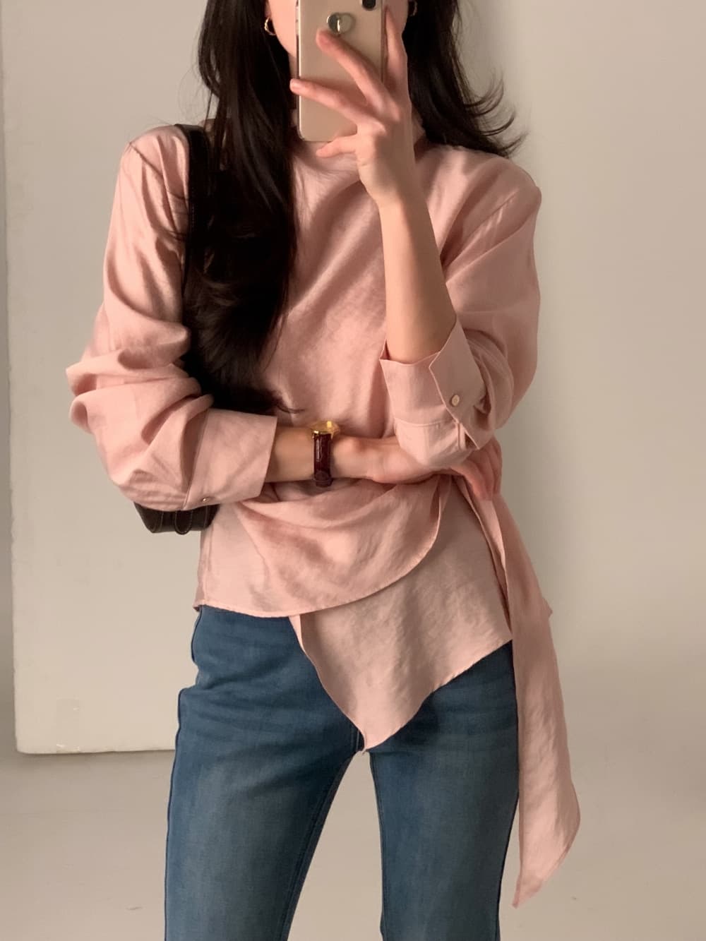 있음 선적 chic 한국 스타일 불규칙 레이스업 이른 봄 셔츠 이미지 4