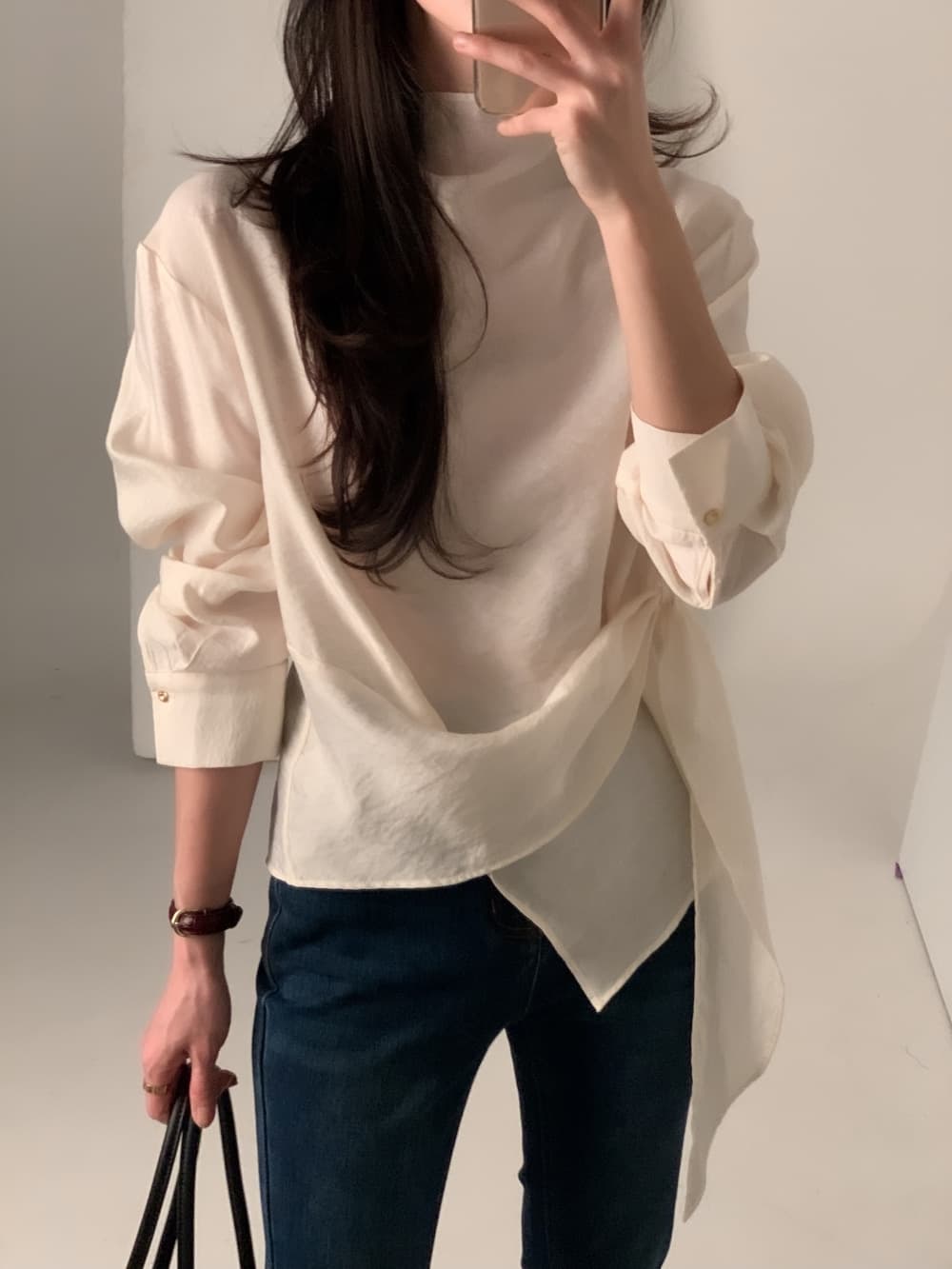 있음 선적 chic 한국 스타일 불규칙 레이스업 이른 봄 셔츠 상세 이미지 1