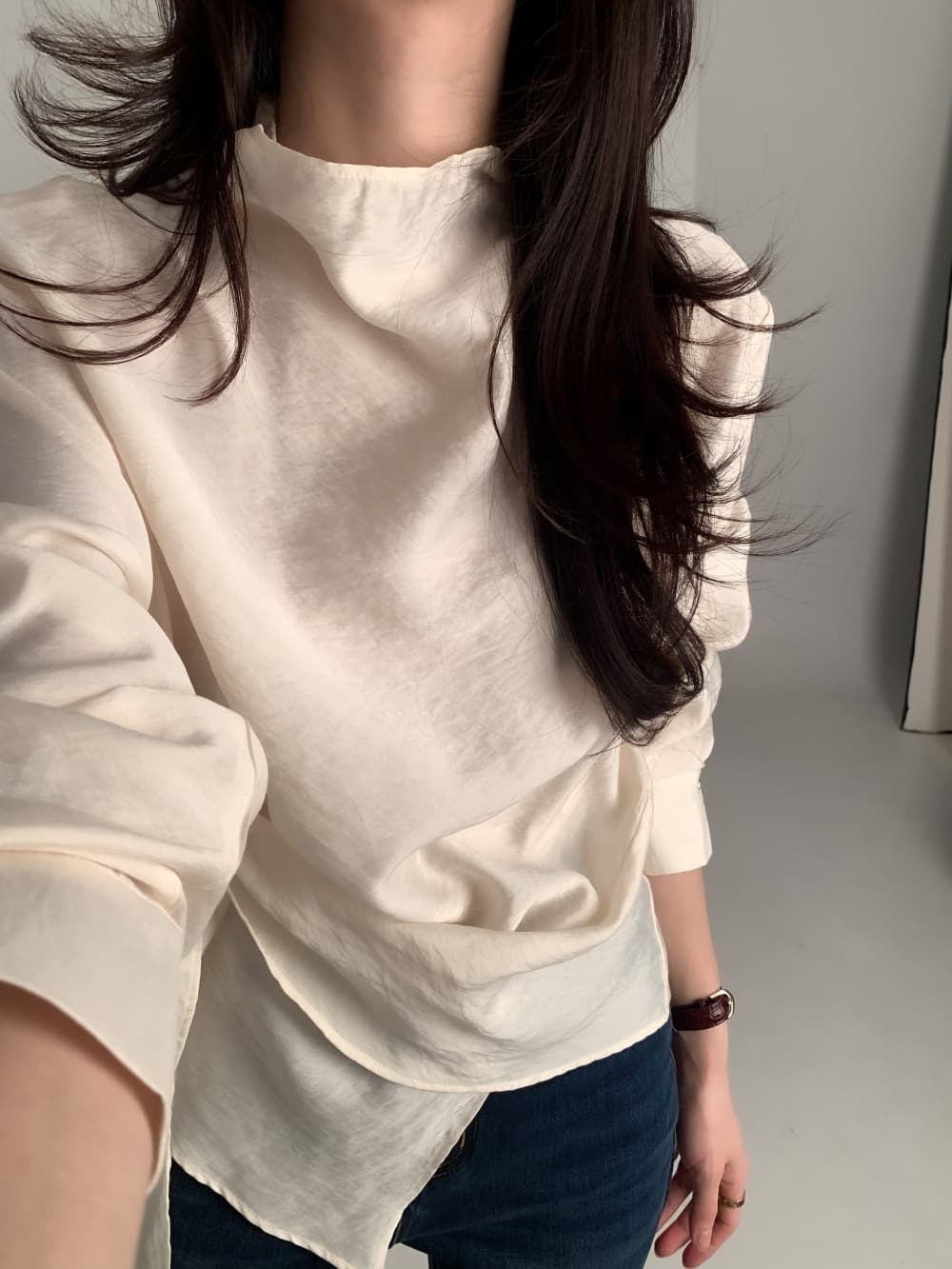 있음 선적 chic 한국 스타일 불규칙 레이스업 이른 봄 셔츠 상세 이미지 3